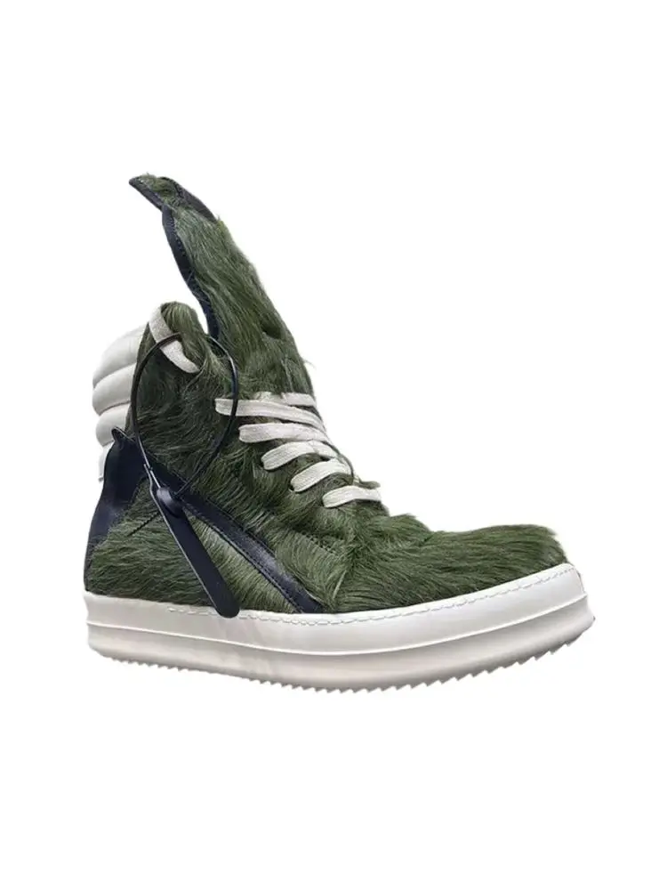 

Ricks Army Green Horsehair Men's Shoes Leather Casual Sneakers Owens Brand Design Zipper New Fashion Couple Shoes Women's Boots