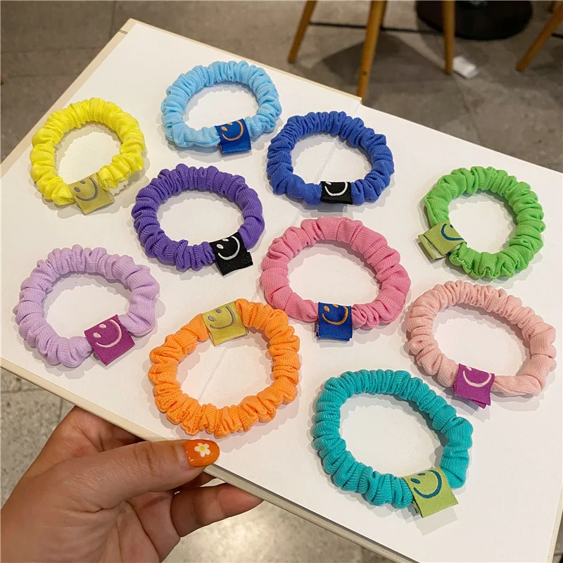 New  Candy Color Hair Ring Colorful Hair Bands Stretchy Smiley Face Labeling Hair Ropes For Women Girls Accessories