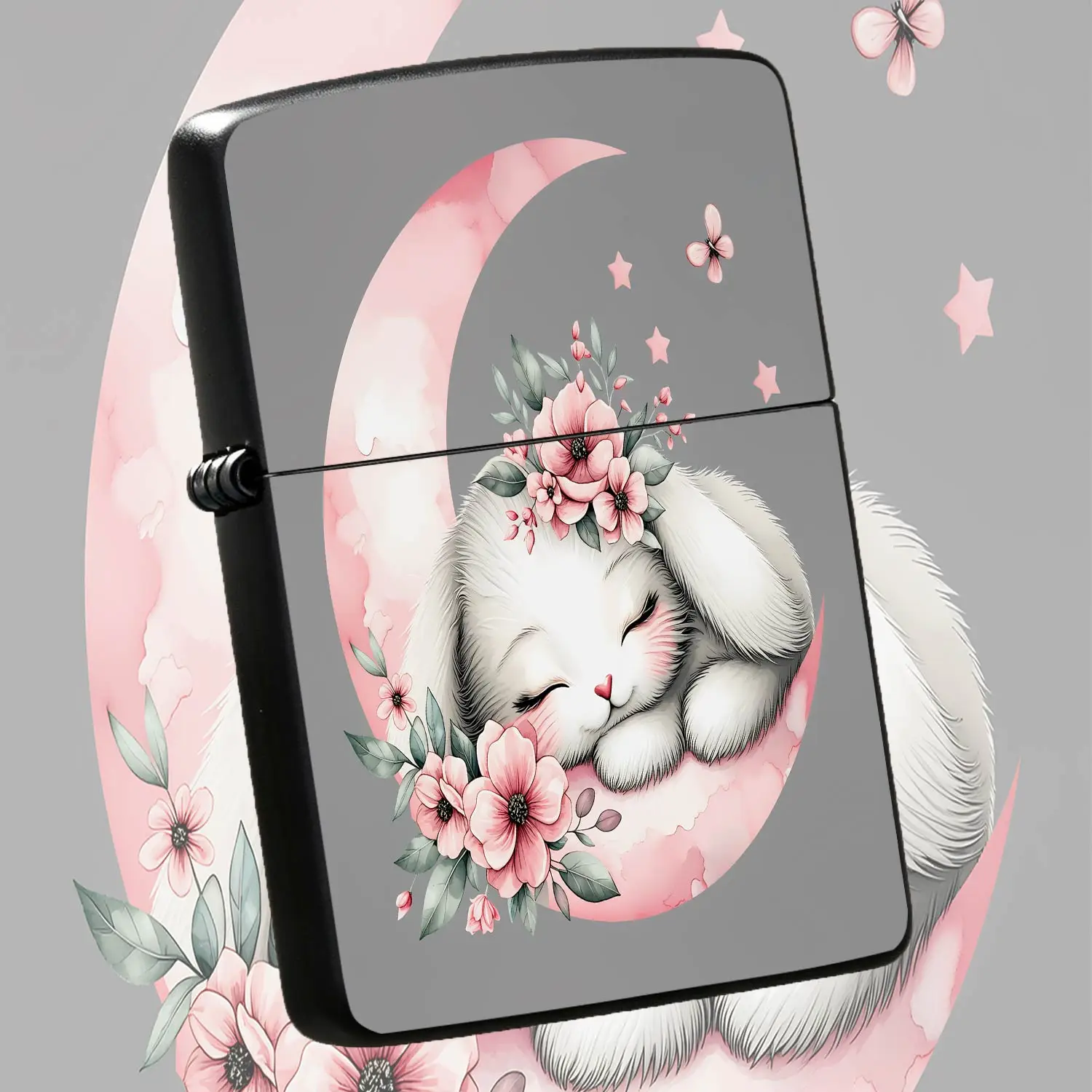 Exquisite Portable Lighter With Adorable Sleepingon Pink Crescent Moon Pattern, Delicate Watercolor Floral Decor Stylish Lightweight Accessory, Ideal Sweet Present For Birthday Holiday Anniversary For Friends Family Lov A Humorous And Inter