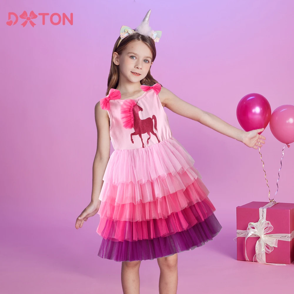 DXTON Sleeveless Summer Girls Dress Licorne Holiday Party Toddler Clothing Layered Chilidren Princess Dress Casual Kids Vestidos