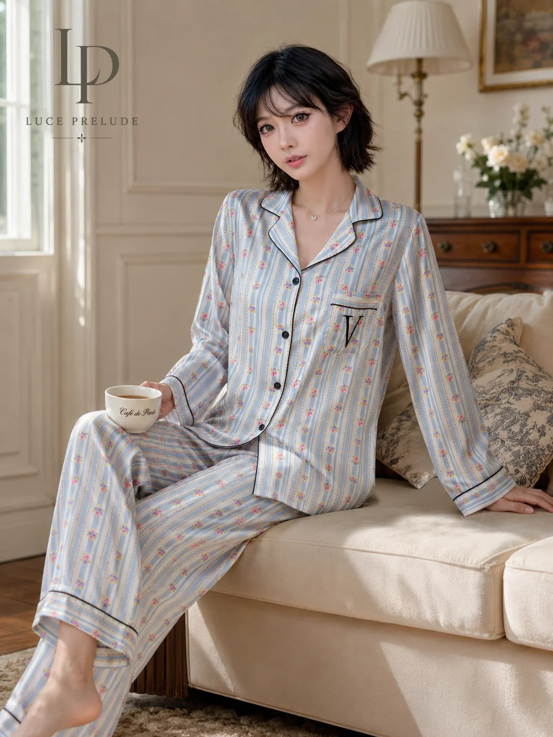soft-silk-home-clothes-set-for-women-summer-new-style-small-flower-ice-silk-nightgown-korean-style-loose-fit-long-sleeve