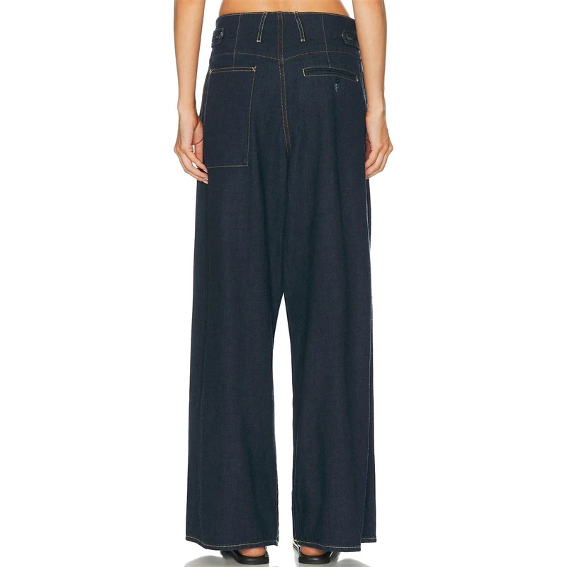 New autumn style, high-quality pure cotton washed color-blocked wide-leg jeans, mid-rise, draped, loose-fitting, floor-length.