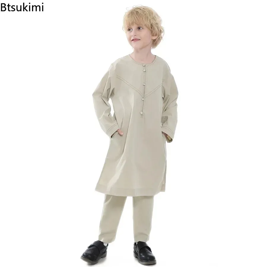New 2026 Muslim Sets Kids Jubba Thobe Boys Long Sleeve Abaya Two Piece Sets Ramadan Dress Kaftan Musulman Middle East Robe Suit