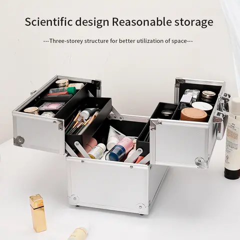 Aluminum Alloy Makeup Train Case Jewelry Box Organizer, Large Capacity, With Handle and Adjustable separator