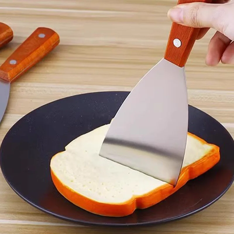 قواطع البيتزا ملعقة مائلة ستيك برغر فطيرة البيتزا مكشطة مجرفة أواني المطبخ الشواء مقبض خشبي الفولاذ المقاوم للصدأ #5