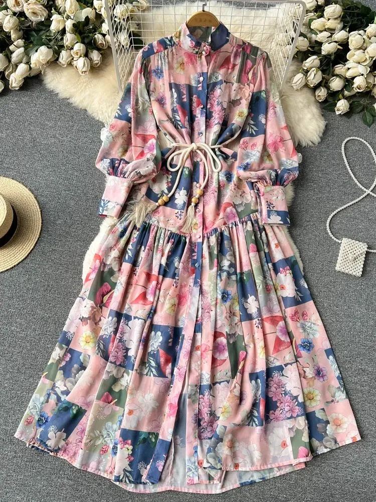 

2023 Bohemian Flower Chiffon Dress Women's Stand Single Breasted Long Lantern Sleeve Floral Print Belt Loose Holiday Vestido