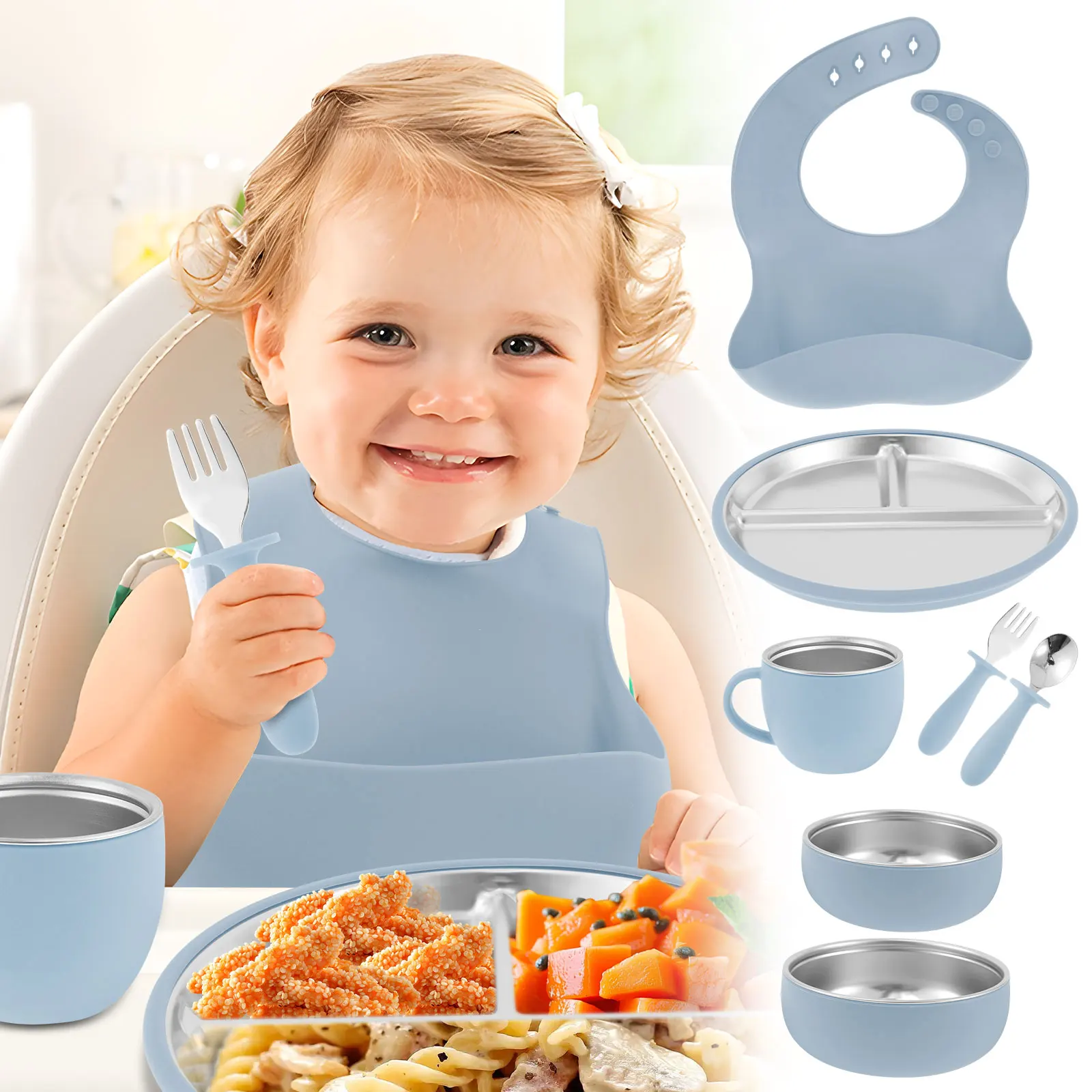 

Набор столовой посуды для кормления детей из нержавеющей стали с силиконовой присоской, нагрудником, съемными ракушками, набор для отлучения ребенка, принадлежности для кормления