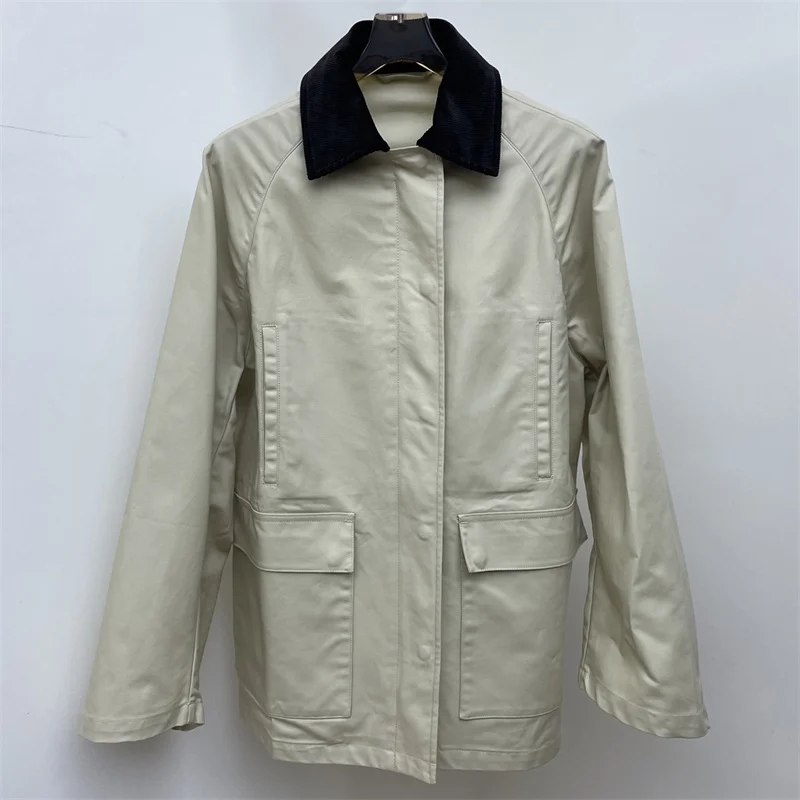 

Women's jacket 2025 Winter New Corduroy patchwork lapel long sleeved top Multi pocket decorative cotton women's coat outerwears