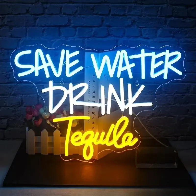 Lumières néon LED populaires SAVE WATER DRINK Tequila, lettres anglaises, lumières décoratives de bar, lumières d'ambiance, alphabet