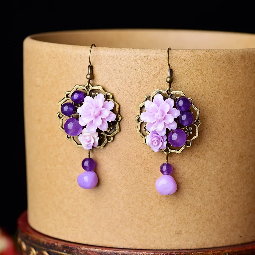 

Purple Jade Flower Earrings Luxury Vintage Amulets Natural Tibetan Silver Designer Women Chinese Jewelry Accessories Amulet