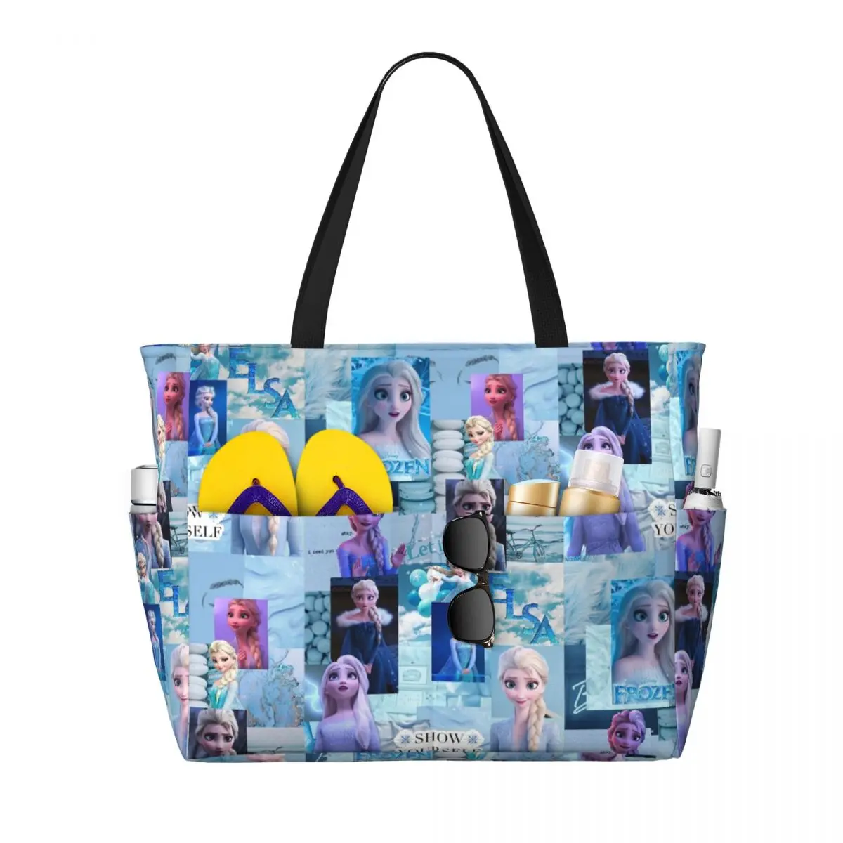 Custom Frozen Elsa Princess Beach Tote Bag for Women Extra Large Gym Carry On Cartoon Travel Shopping Bags