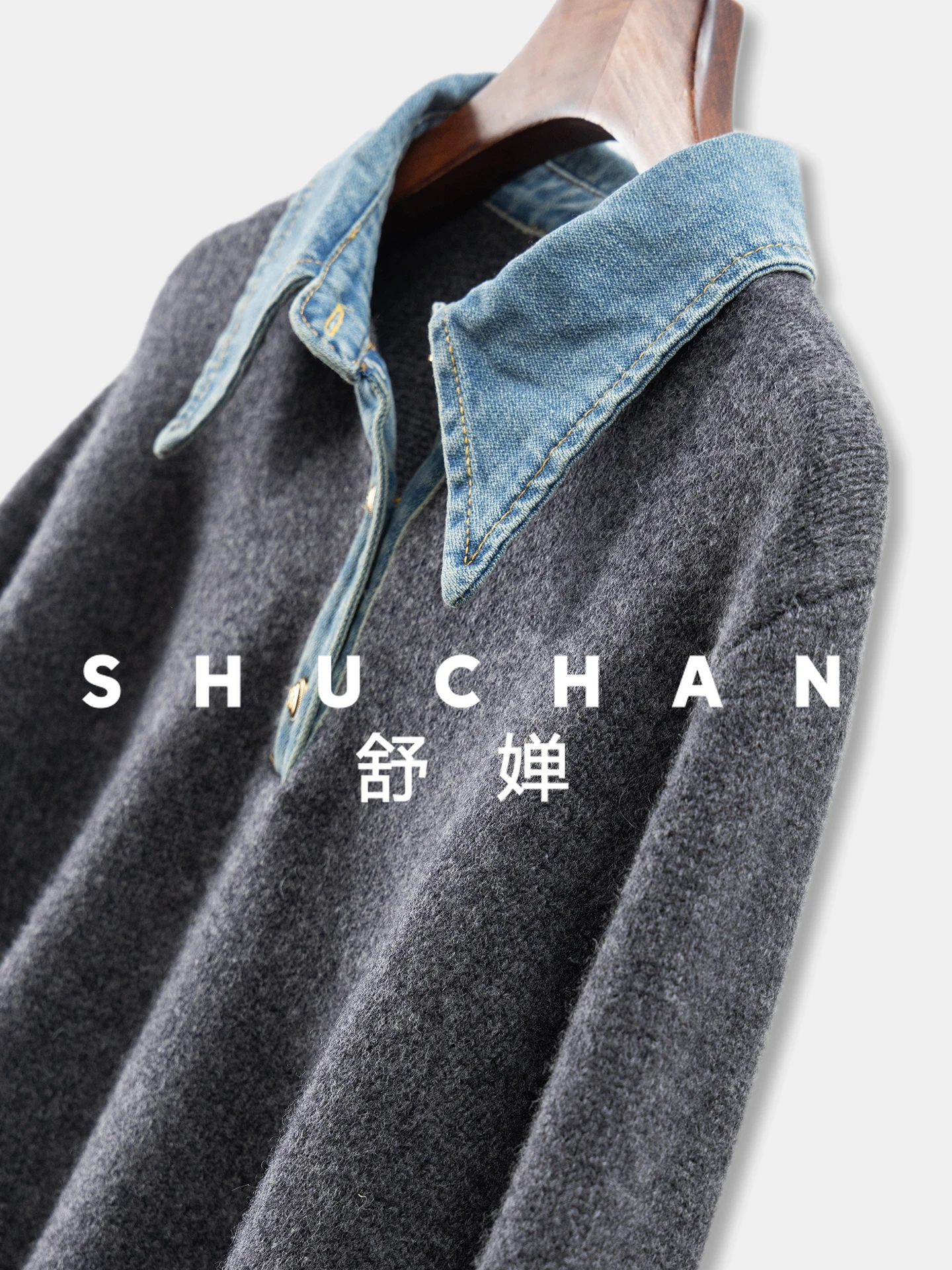 من المألوف جهد الفرنسية الربط الدنيم 100 الصوف قميص طوق وهمية اثنين البلوزات الإناث البلوز 29I0 #5