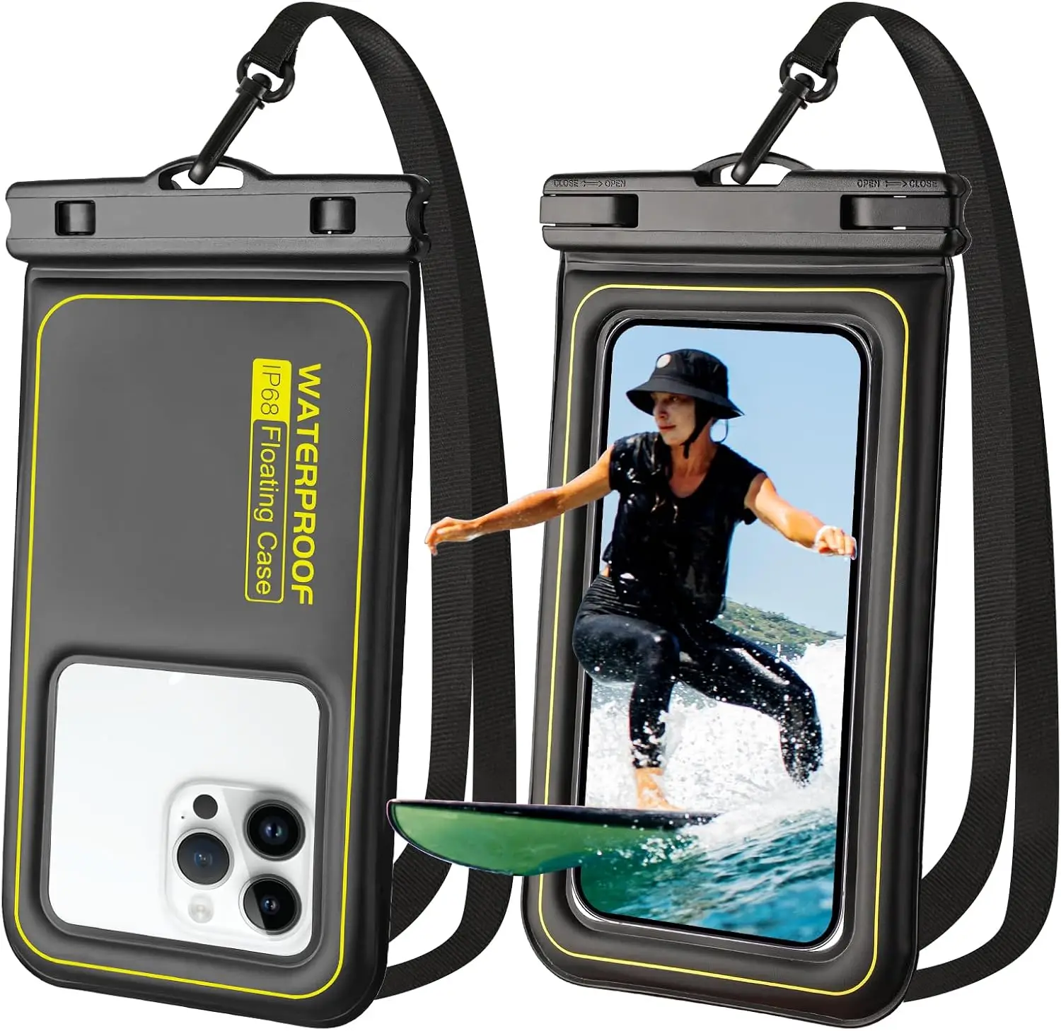 IP68 Waterproof Phone Pouch 2 Pack, Floating Dry Bag for iPhone Samsung, Up to 8.3", Kayak Beach Cruise Essentials Black