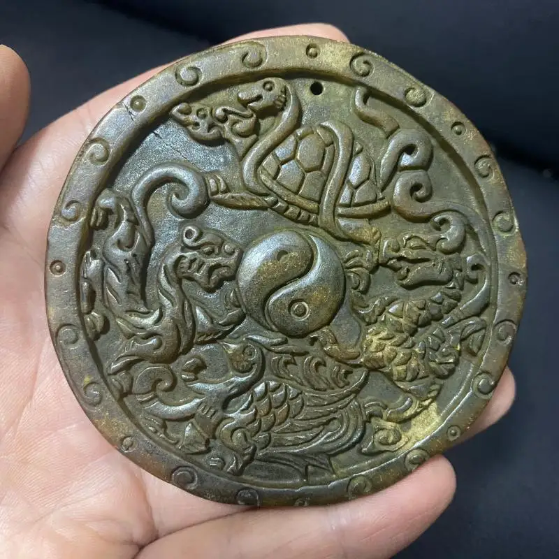 Xiuyan Jade Four Symbols Round Pendant Carved Dragon Tiger Phoenix Turtle Amulet Necklace Jade Jewelry