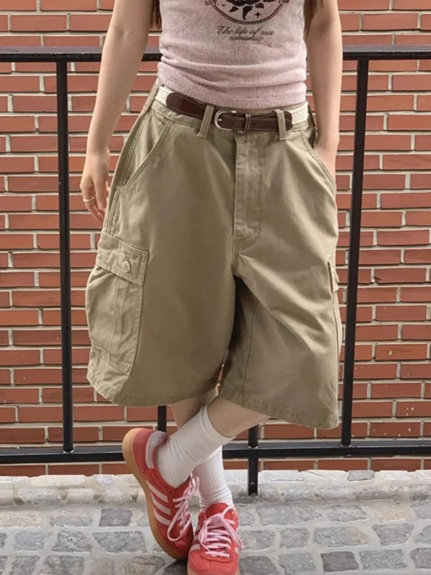 Retro American Khaki Cargo Shorts Women's Spring New Medium Pants Multi-pocket Five-point Pants