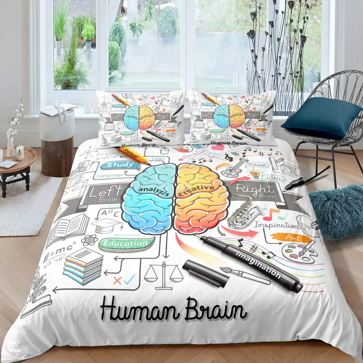 

Human Brain Duvet Cover Set For Boy Child Students Microfiber Music Art Quilt Cover Decor Math Science Subject Theme Bedding Set