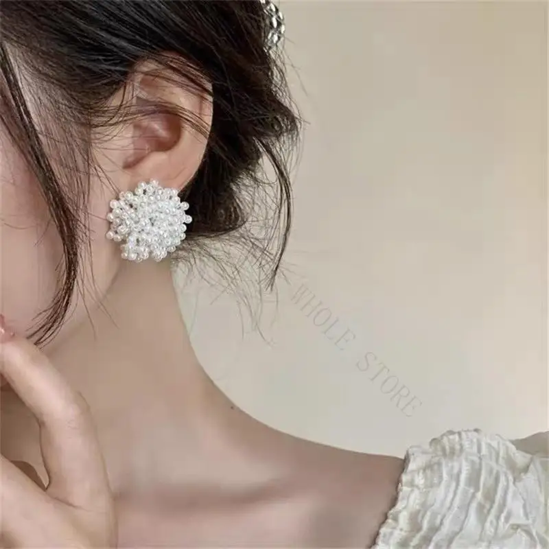 R7UF Handmade White Pearls Ear Studs with a Full Rounded Cluster Profile