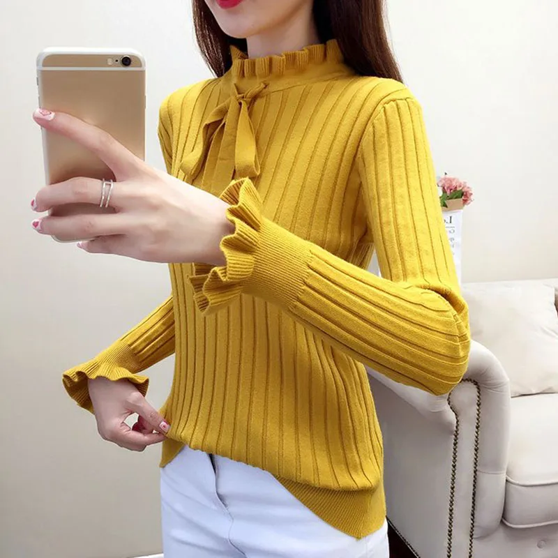 Lucyever Autumn Winter Knitted Sweater Women 2022 Fashion Ruffles Neck Long Sleeve Knitwear Woman Korean Elastic Slim Pullover