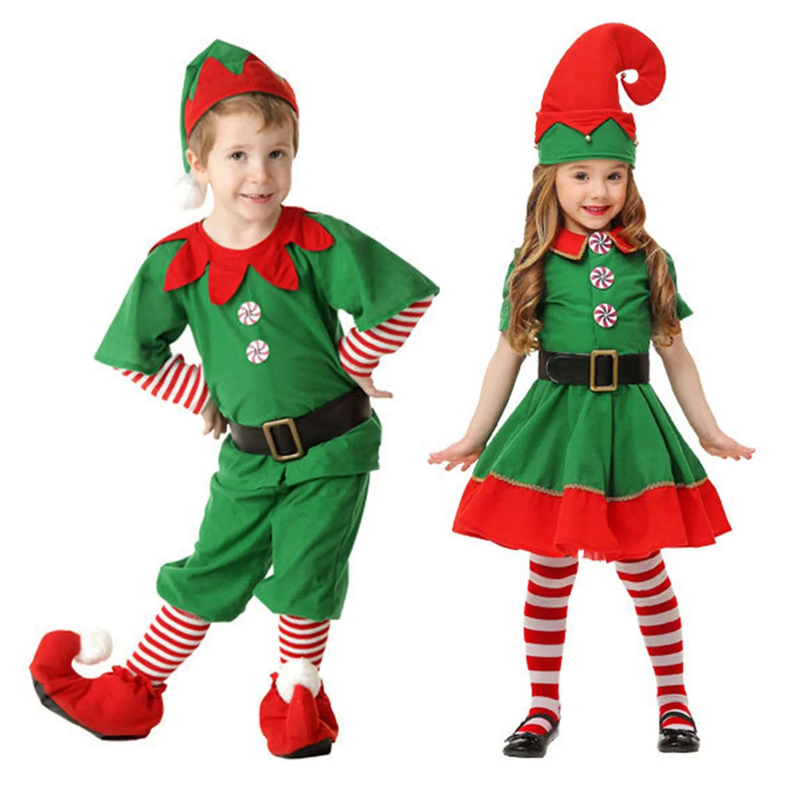 Christmas Santa Claus Costume Green Elf Cosplay Family Carnival Party New Year Fancy Dress Clothes Set For Men Women Girls Boys