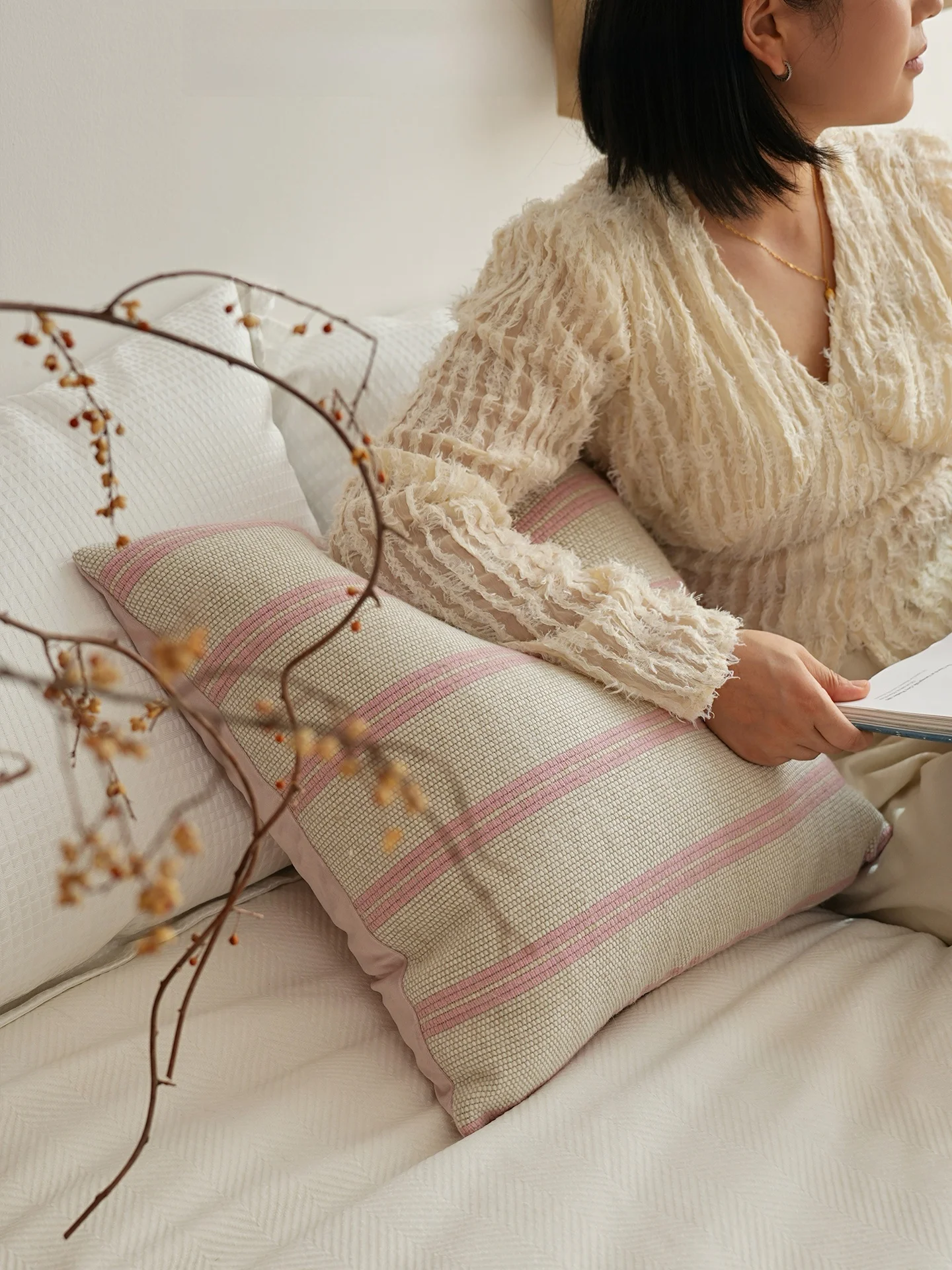 

Pink Striped Texture Linen Wool Blend Pillow Home Decorative Cushion Sofa Sample Room Square Pillow Lumbar Pillow