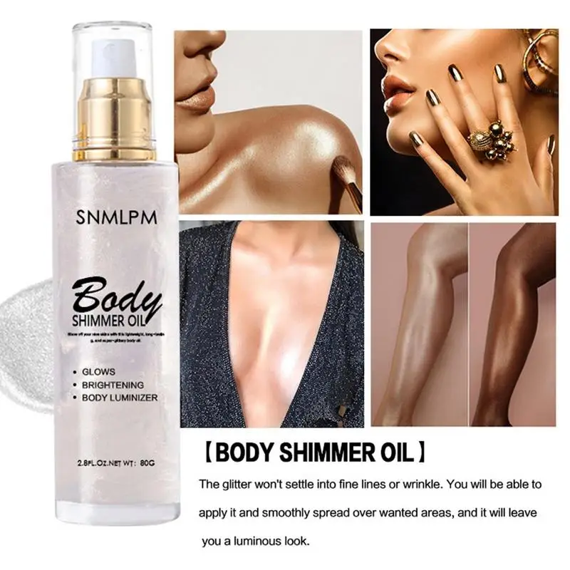 Body Shimmer Oil Highlighter Face Brighten Glitter Bronzer Pearl White Rose Gold Skin Glow Illuminator Makeup Shine Liquid Oil