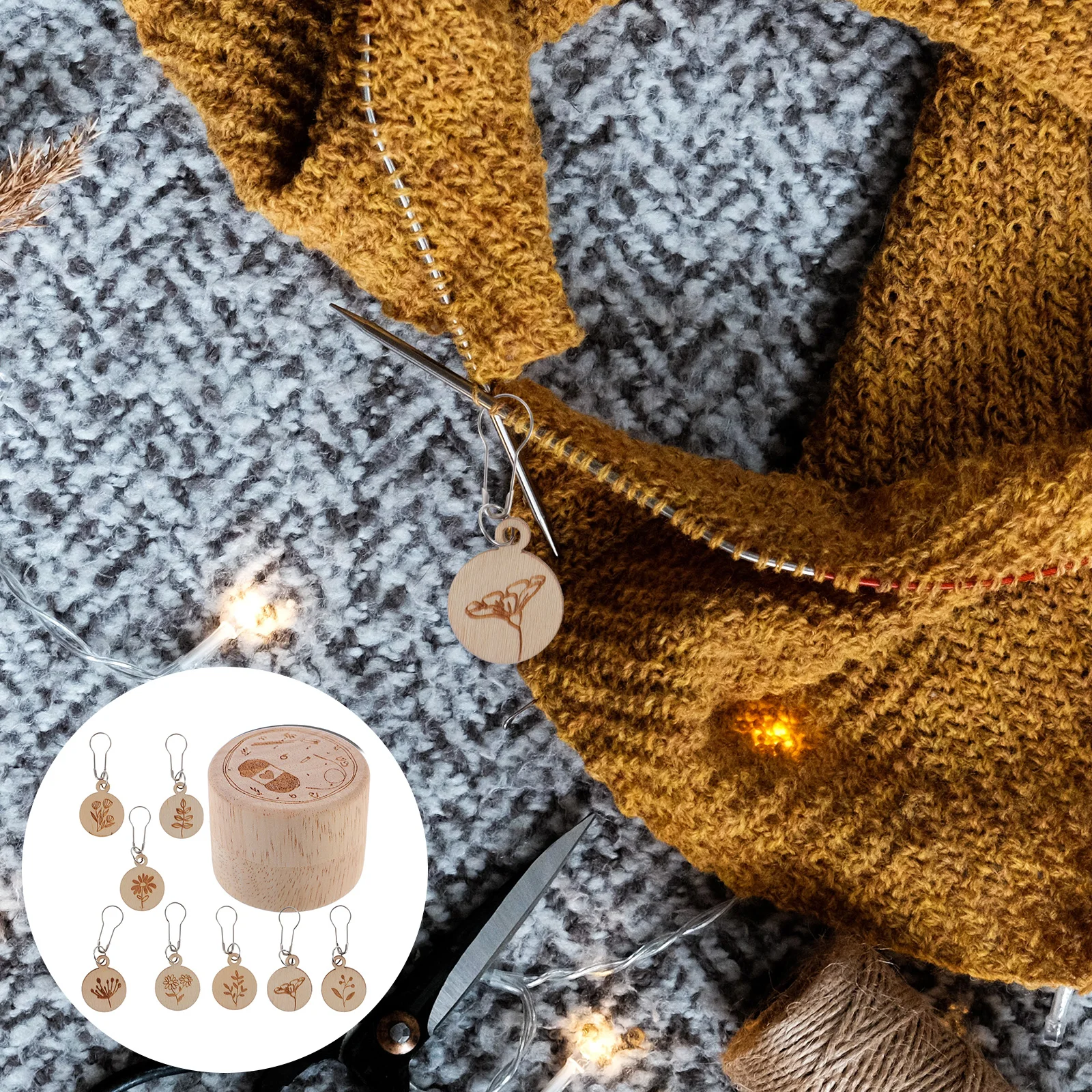 

1 set Wooden Stitch Markers Lightweight Durable Knitting Auxiliary Tools Storage Box Creative Crochet Accessories Fabric Yarn
