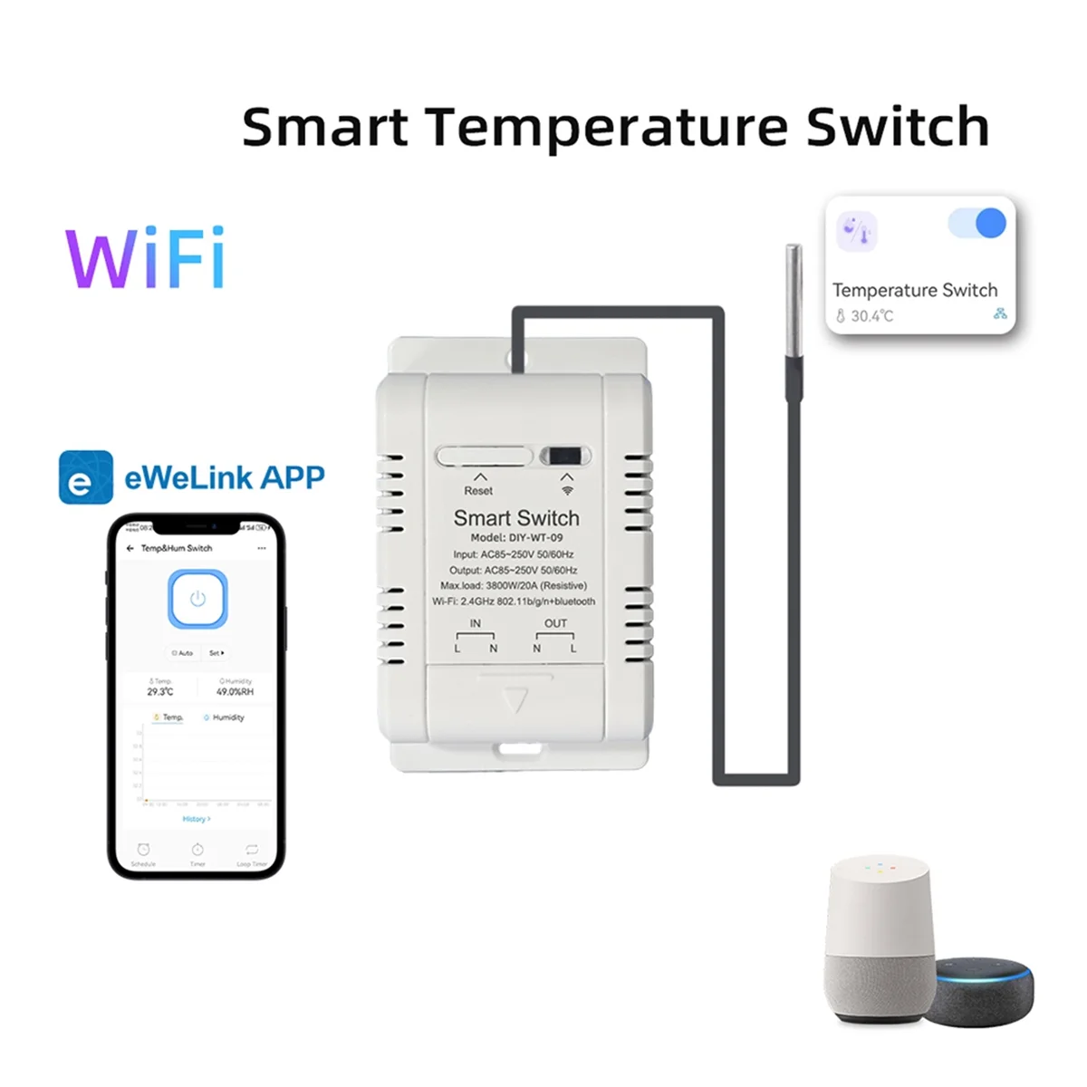 WiFi Temperature Switch with 1M Sensor EWelink Smart WiFi 20A Thermostat Temperature Switch Supports Voice Control XQ