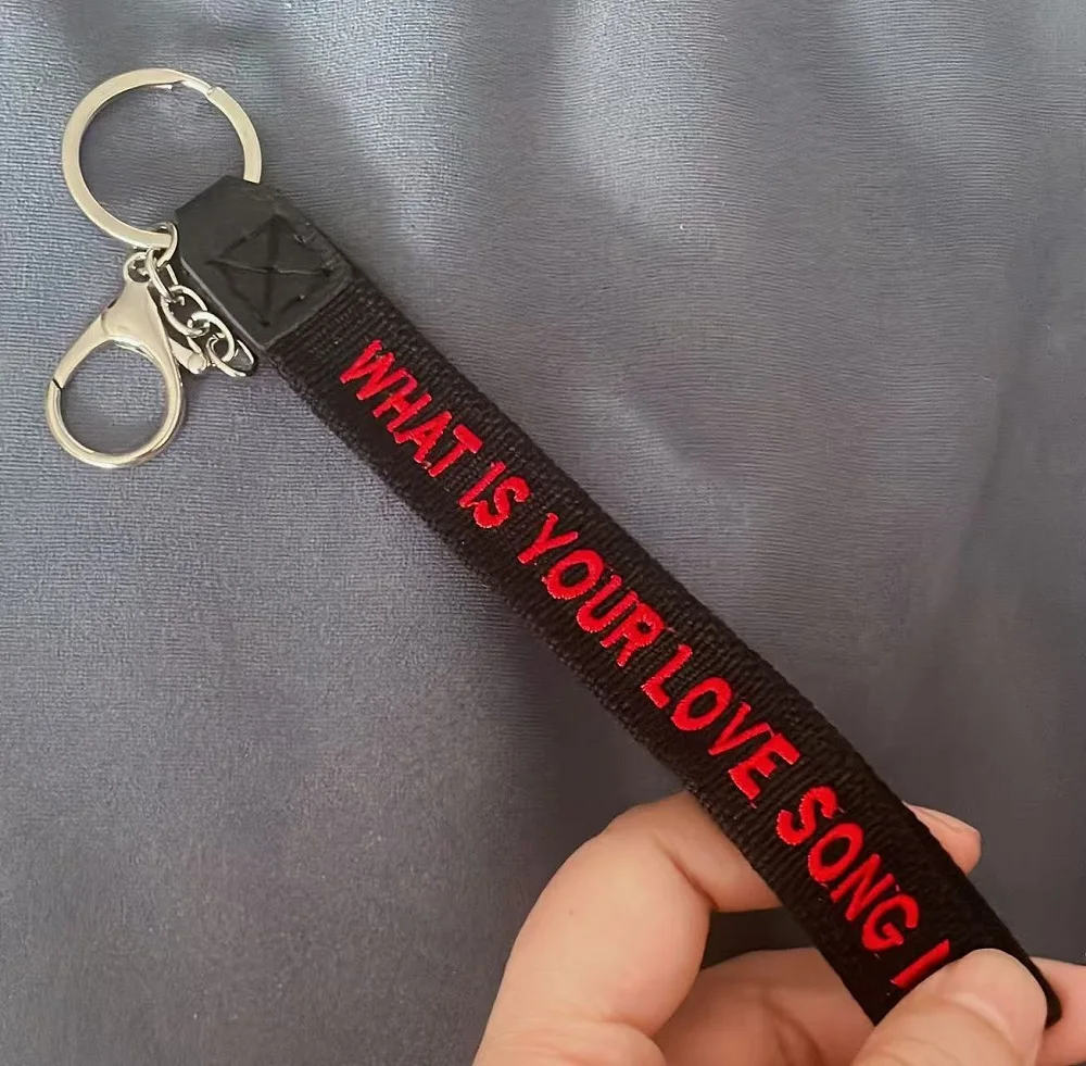 Woven Wrist Keychain Key Holder Bag Charm WHAT IS YOUR LOVE SONG Daily Accessory Gift for Bestie and Concert Fans