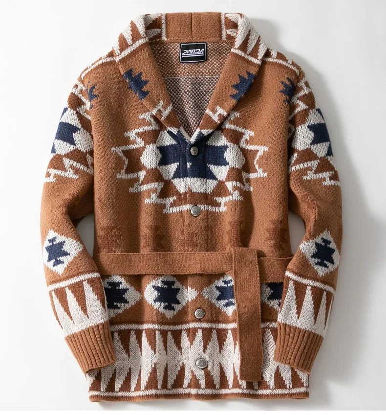Cardigan Men Mid Length Coat Sweaters Turn Down Collar Thick Coats Casual Lace Up Belt Splice Open Stitch Autumn Winter