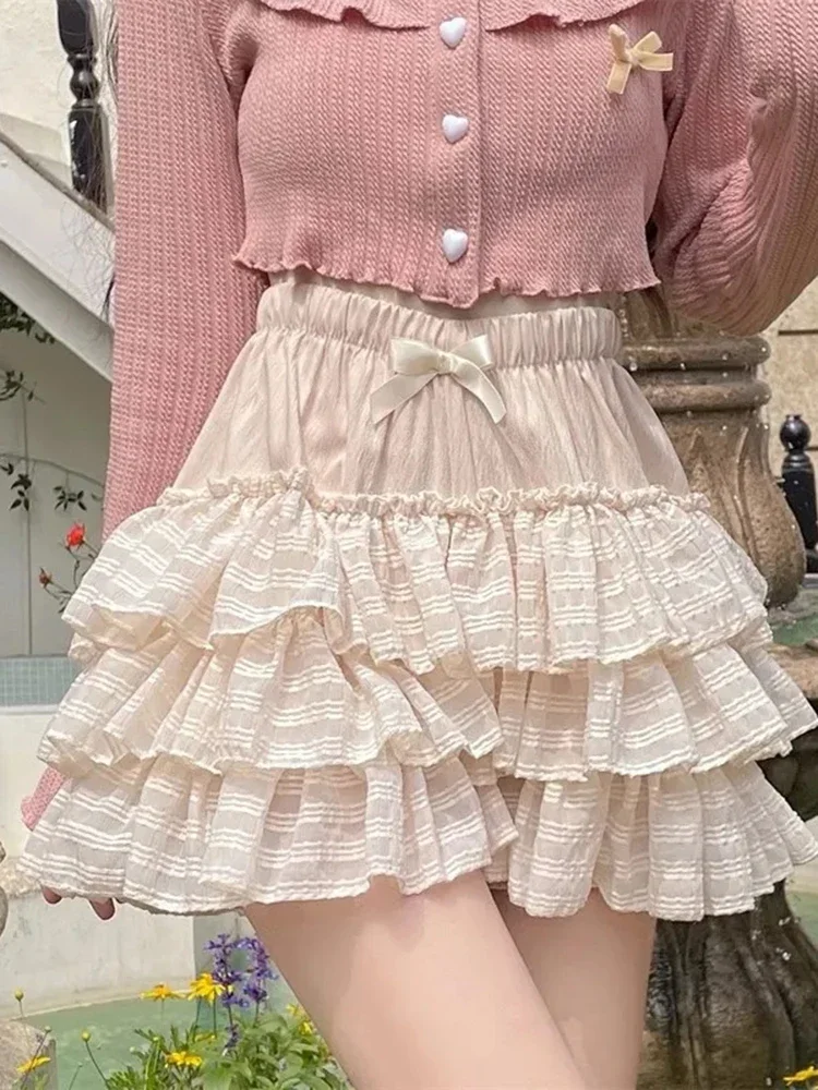 Kawaii Ruffles Bow Sweet Skirts Women Y2k High Waist Cute Japanese Mini Shorts Skirt Fashion Preppy Style Lady Ball Gown Faldas