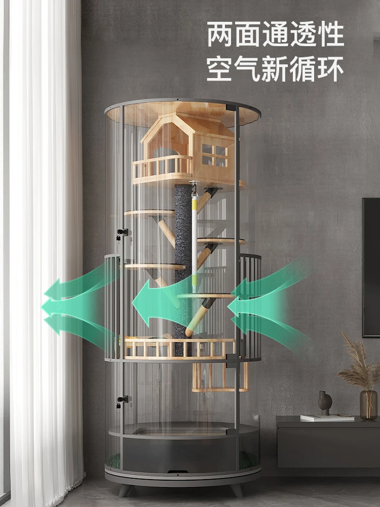 Fully Transparent Glass Panoramic Rotating Cylindrical Cat Villa Luxury Cabinet Cage Home Indoor with Toilet Integrated