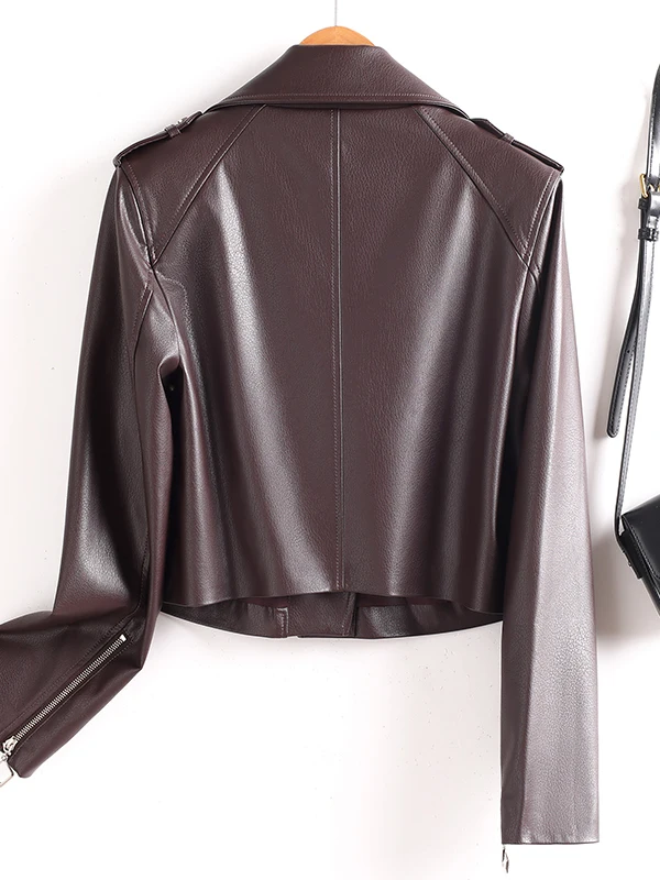   Giacca da Motociclista in Vera Pelle Ning per Donna, Vestibilità Slim, Autunno 2025, Cappotto in Pelle di Pecora con Chiusura a Cerniera