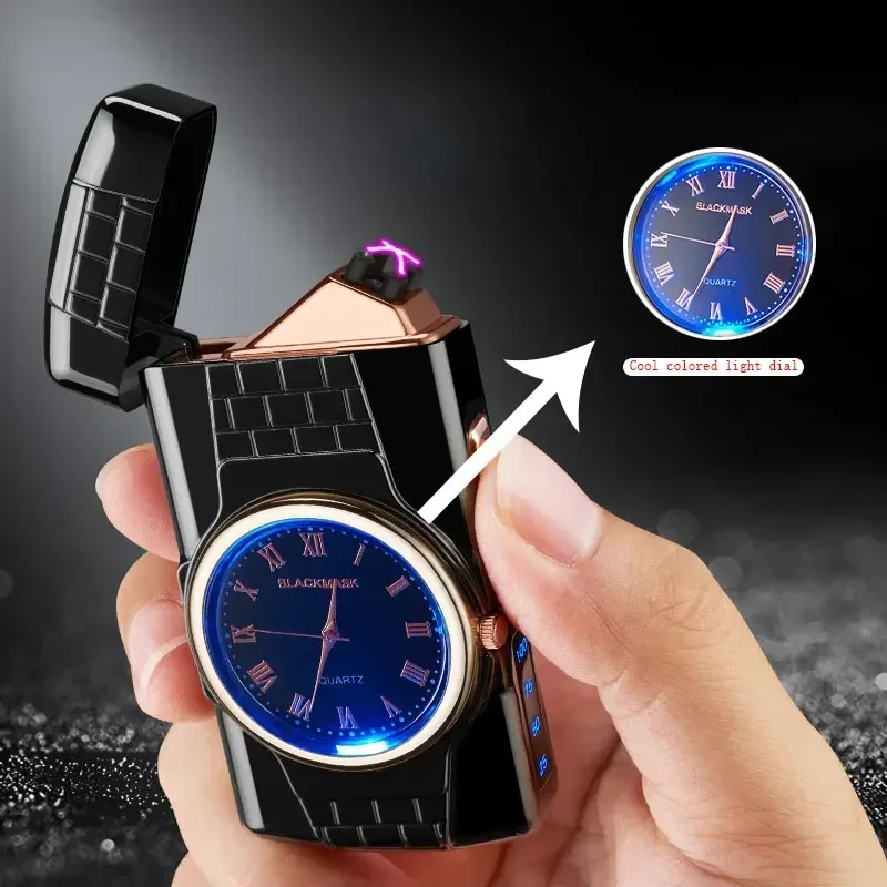 

New Clock Electric Double Arc USB Lighter LED Luminous Blue Dial Outdoor Windproof Power Display Pulse Lighter Men's Tool Gift