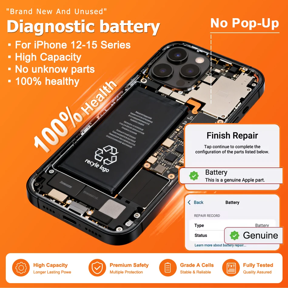 

Brand New Diagnostic Battery 100% Capacity For iPhone 12 13mini 14 14Plus 15Pro Max Shows Genuine Parts No Error Message Pop up