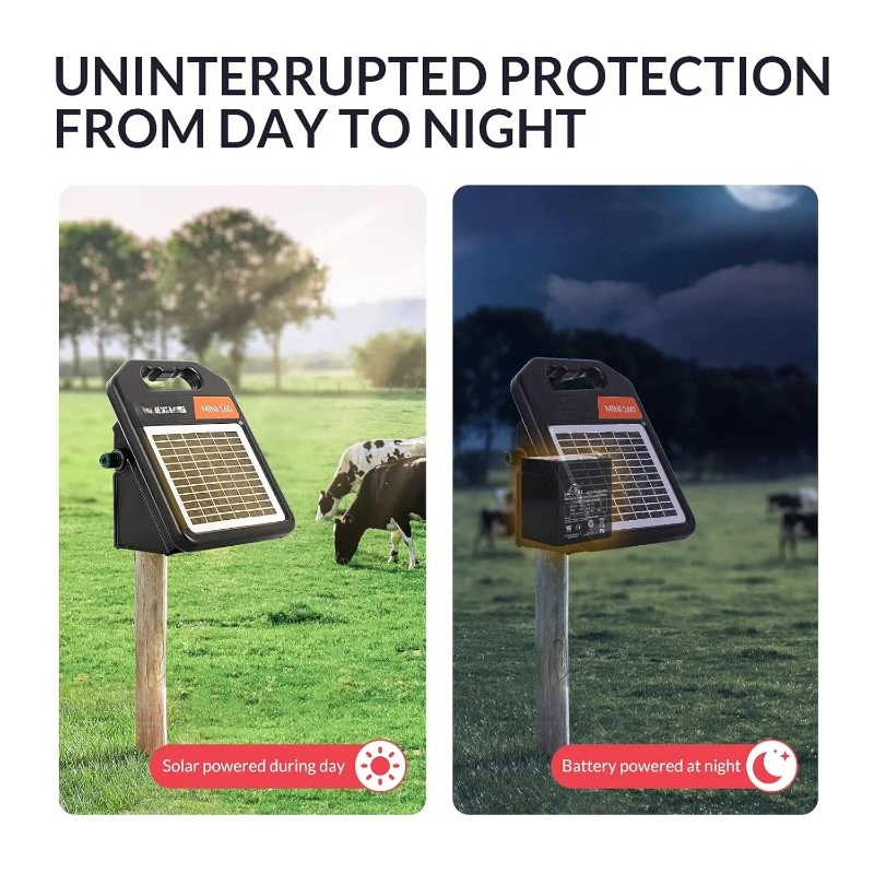 202510 Miles Solar Electric Fence Charger with Day or Night Mode, 0.11 Joule Portable Solar Fence Charger for Livestock