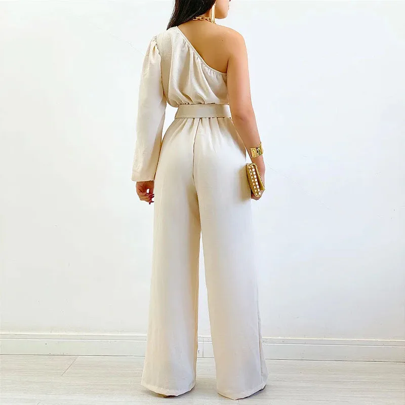 Elegant One Shoulder Sleeveless Wide Leg Romper New Fashion Casual Solid One Pieces Playsuits 2023 Woman Long Pants Jumpsuits