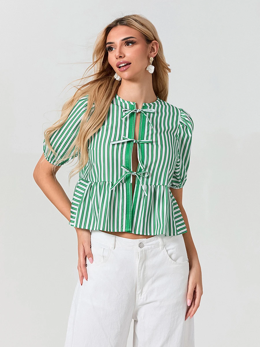 Women s Babydoll Blouse Casual Loose Striped Round Neck Short Sleeve Open Front Tie-Up Tops for Summer