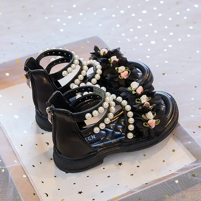 Girls' Sandals 2024 Summer New Little Girl Fashion Princess Shoes Baby Flower Fairy Style Soft Sole Pearl Shoes H087