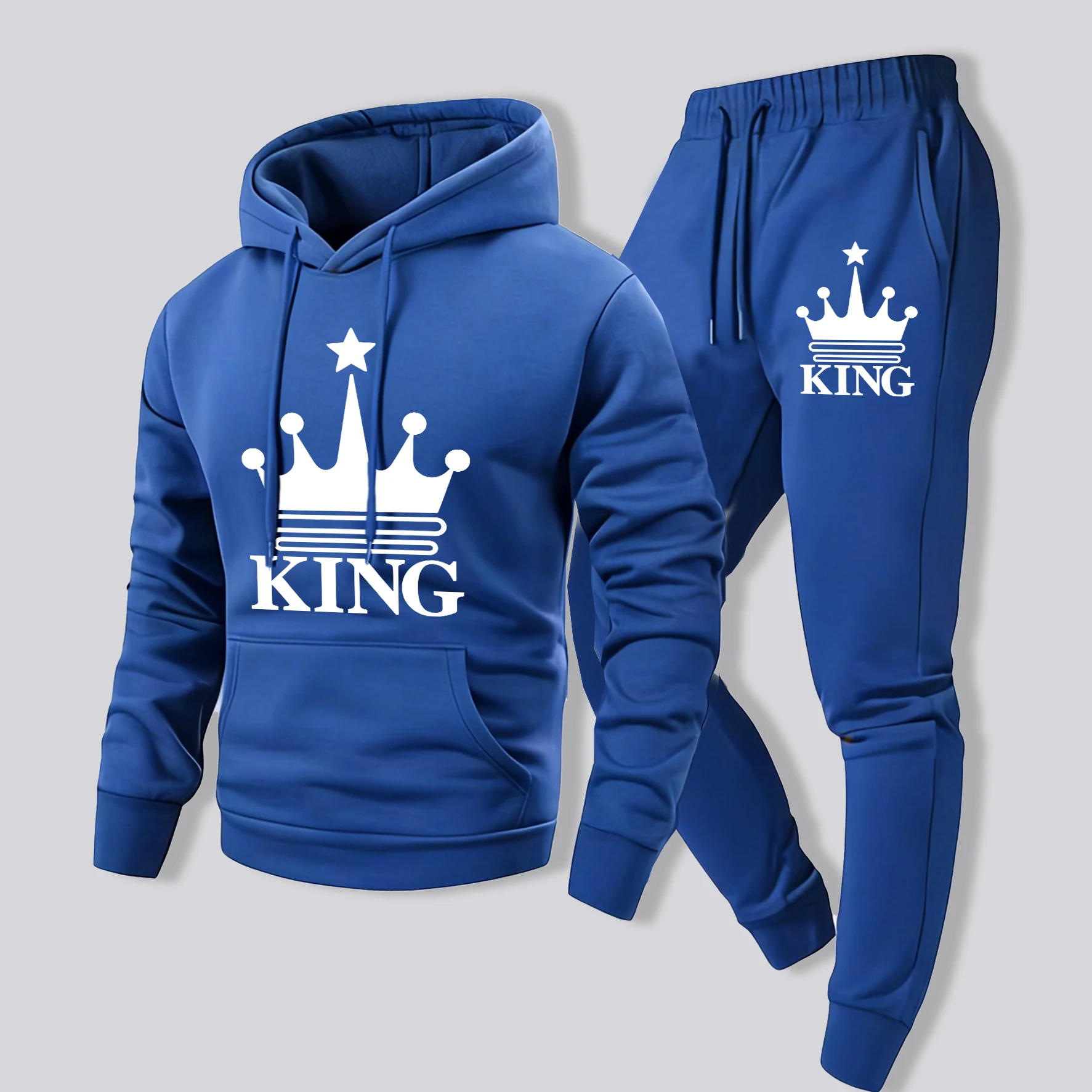 

Мужские осенние теплые толстовки с принтом King Crown Design, спортивные штаны, комплект из 2 предметов, флисовая удобная уличная одежда с капюшоном, мягкая модная одежда, брюки