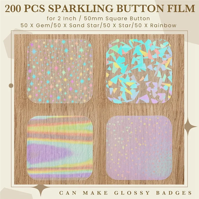 

BAAR-для изготовления булавок, комплект принадлежностей-блестящая пленка, 200 шт., устройство для изготовления квадратных пуговиц, 4 стиля, прозрачные голографические листы ламината