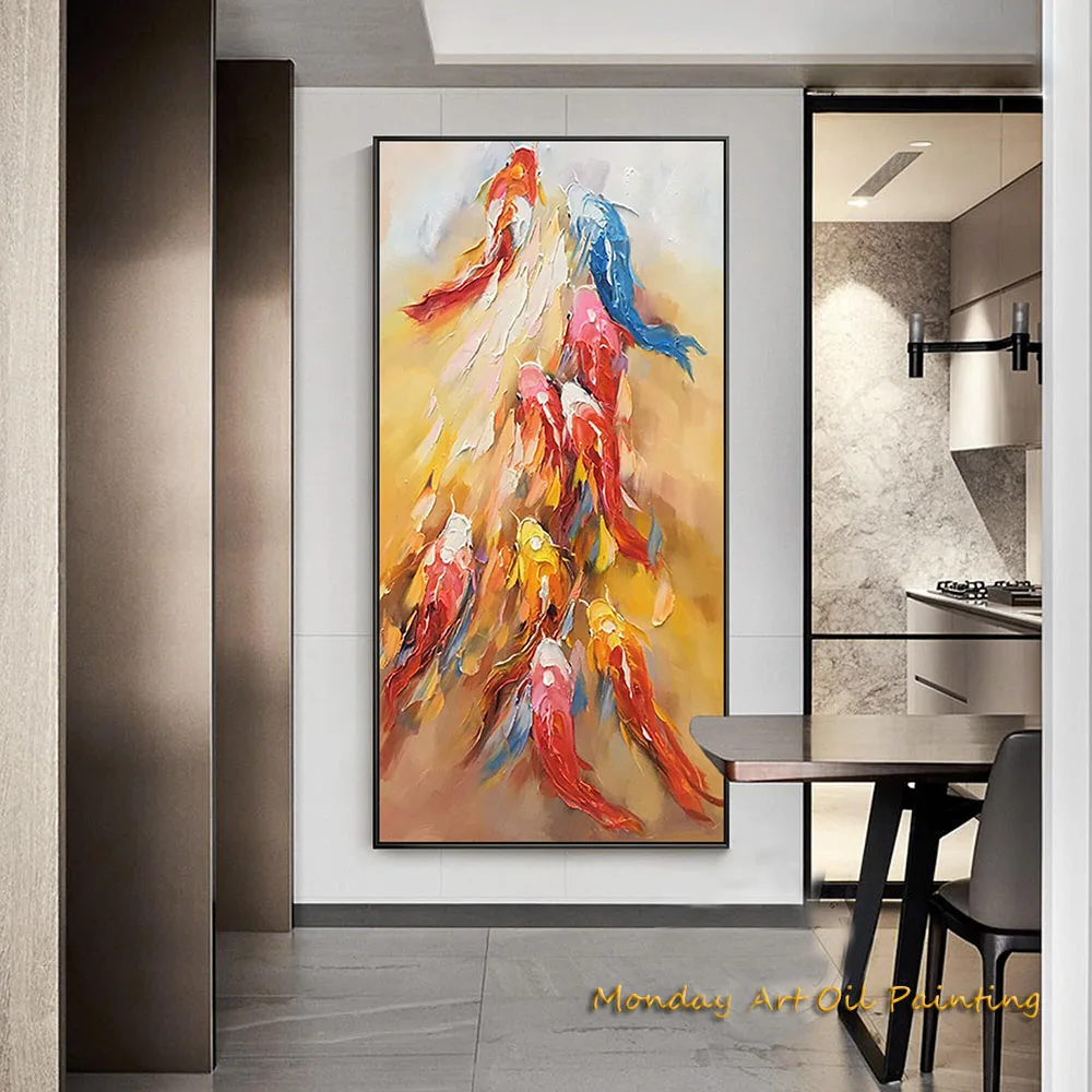 

Hand Painted Fish Gold Abstract Original Oil Painting Orange Blue Red Fish Heavy Texture Palette Knife Fedex Shipping Cost