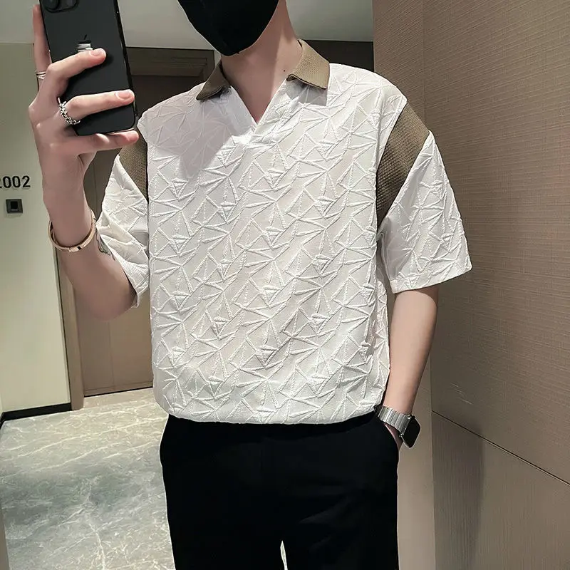 Stylish Contrasting Colors Spliced Shirts Summer Half Sleeve Men's Clothing Polo-Neck Casual Loose Basic Jacquard Weave Shirts