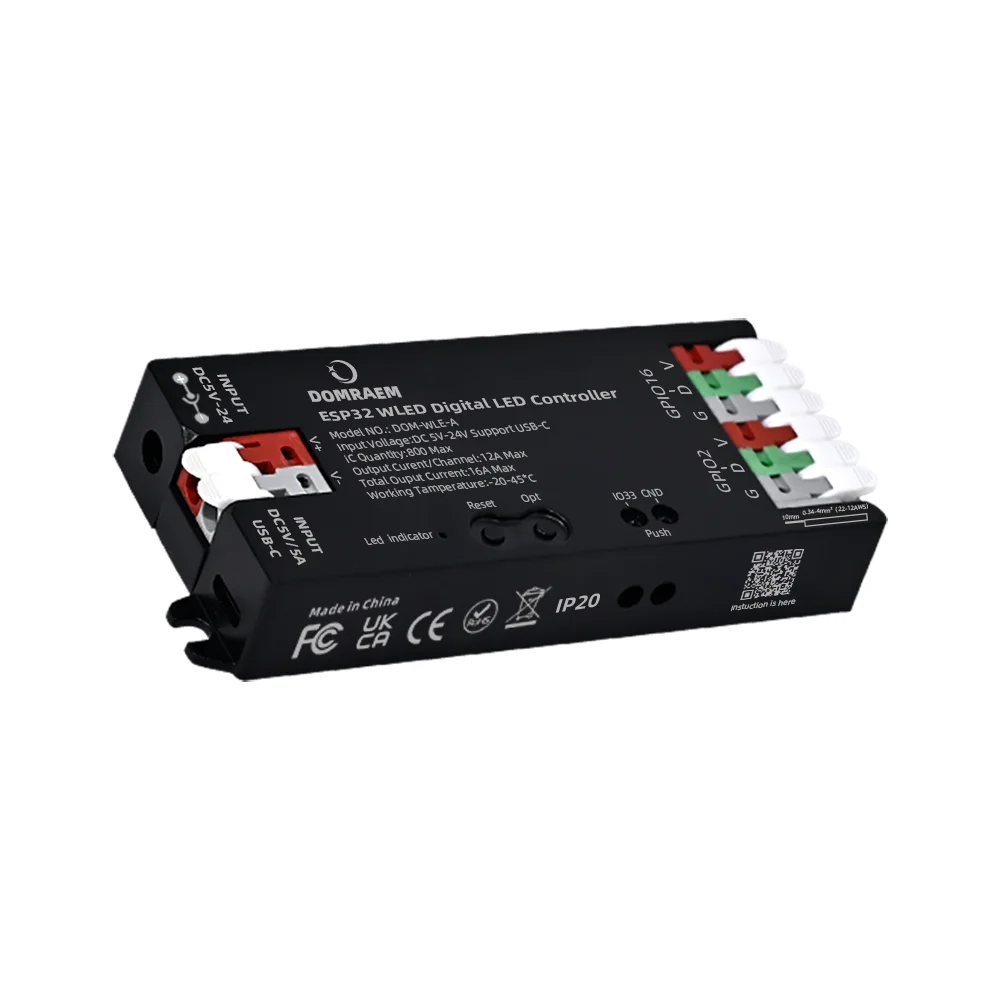 DOMRAEM WLED LED-Streifen-Controller USB-C ESP8266 ESP32 Mic Sync 16A Sicherung Level Shifter WS2812 SK6812 RGBIC Digitaler Pixel-Lichtcontroller
