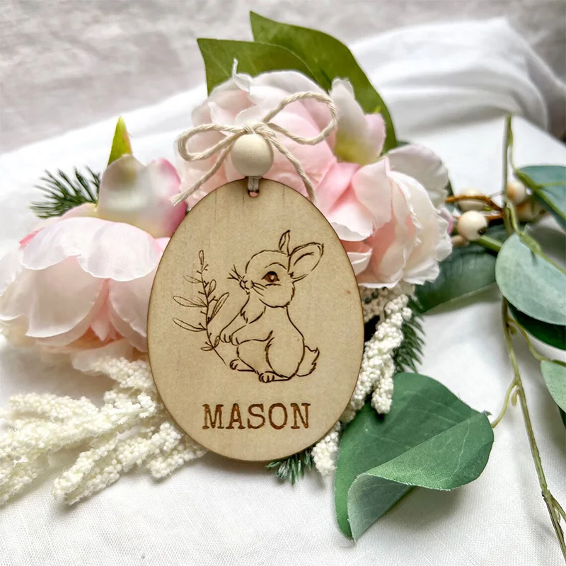 

Personalized rabbit Bunny Wooden Gift Happy Easter Party Egg Hunt Basket Bucket Bag Name Tag Ornament Family Kid Boy Girl Gift