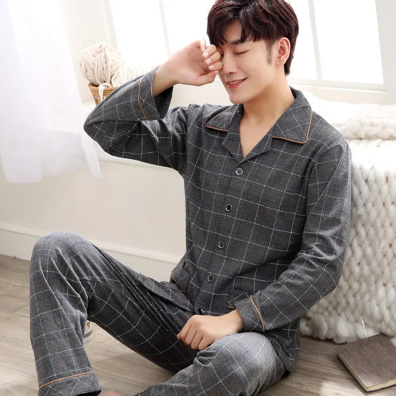 Pajamas Men\'s Spring and Fall Winter 100% Cotton Long-Sleeved Large Size Leisure Sleepwear Homewear Plaid Nightwear Loungewear