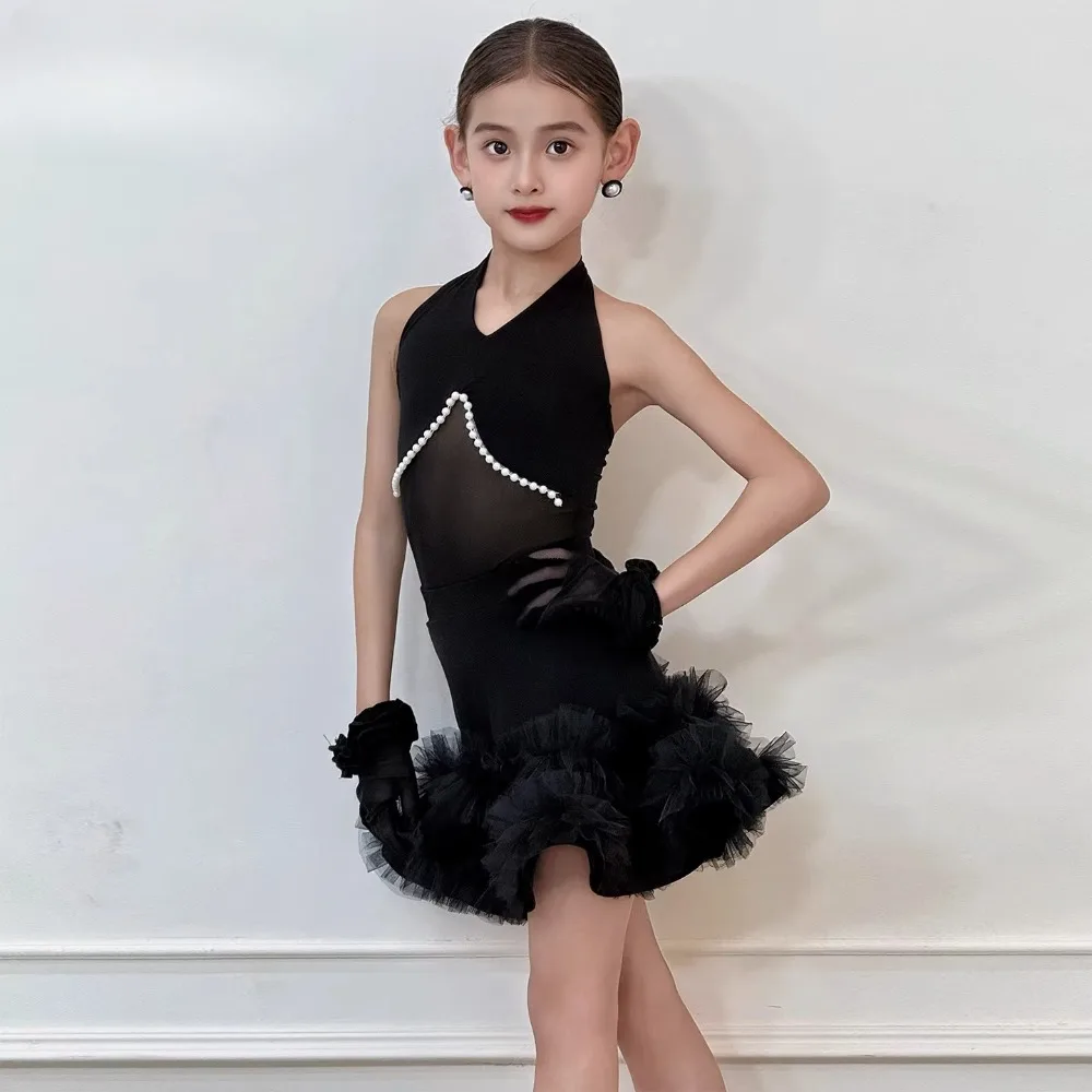 2026 Summer Children's New Style Girls' High-level Social Dance Training Performance Dress black Latin Dance Dress Fashion