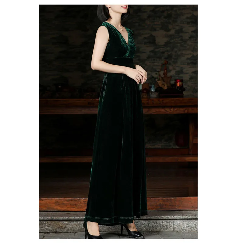 Fengbaoyu Silk Velvet Spring Autumn Lady Original Design Jumpsuit Retro Evening Dress Body-fitting Bottomed Wide-legged Pants