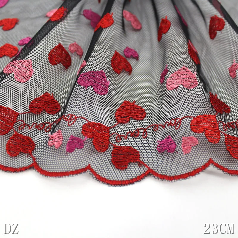 23CM Wide Tulle Black Red Embroidery Heart-shape Mesh Lace Fabric for Fringed Party Wedding Dress Curtains Decor Sewing Supplies