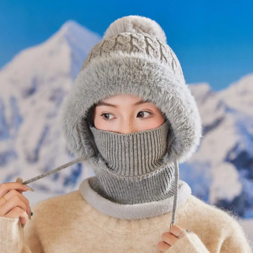 All-round Winter Warmth Hat Knitting Hat for Women Winter Insulated Design with Plush Ball Thickened 3-in-1 Face Guard Scarf