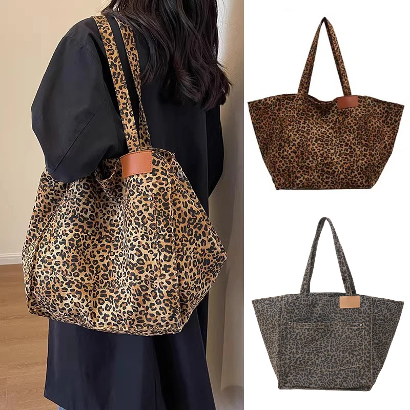 Fashion Women Leopard Pattern Shopping Handbag Leopard Crossbody Bag Large Capacity Shoulder Bag Simple Canvas Female Bags